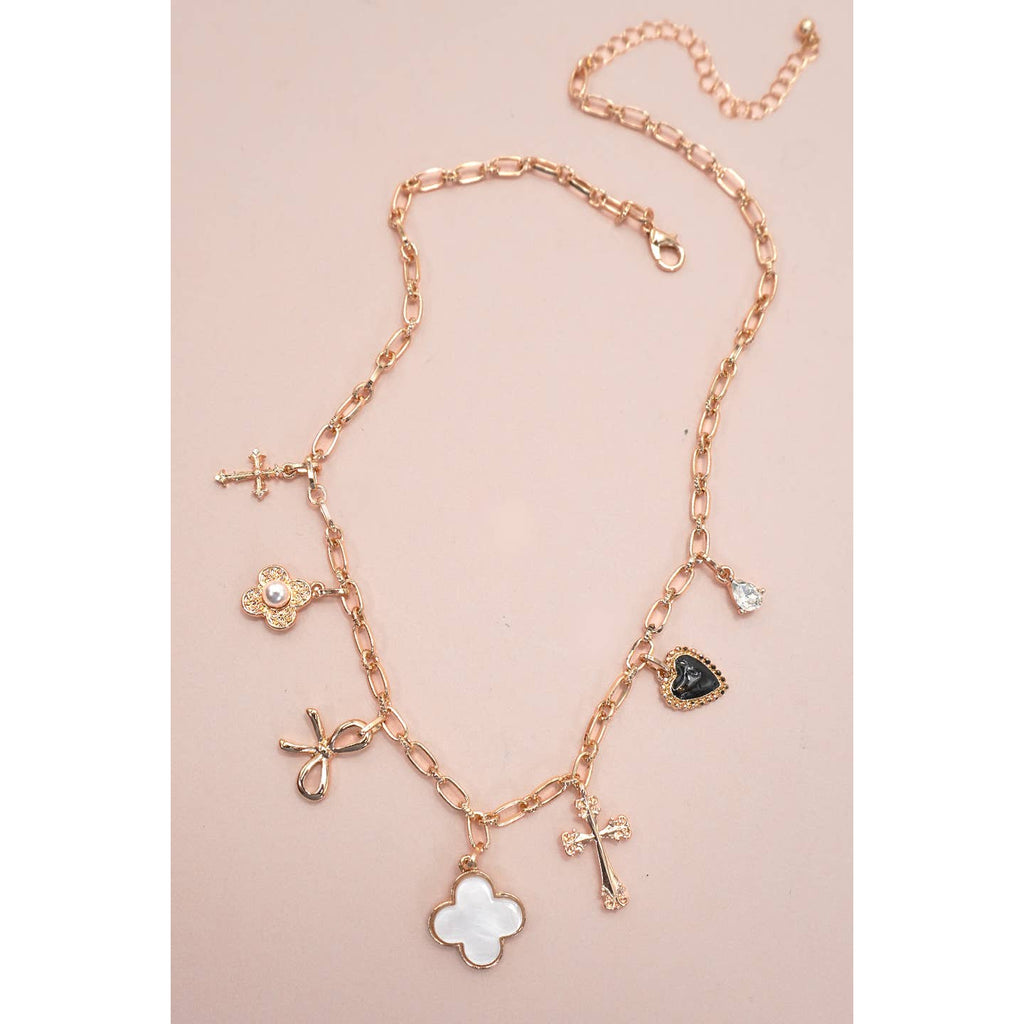 Charm Necklace-Clover Bow Cross Heart Flower