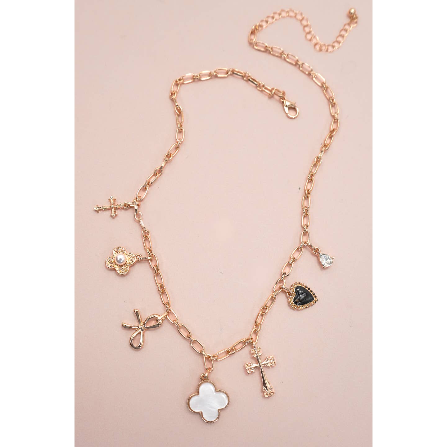 Charm Necklace-Clover Bow Cross Heart Flower