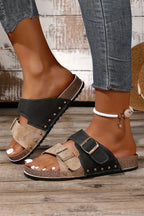 Coffee Leopard Two-tone Retro Buckle Straps Hollowed Faux Suede Slippers