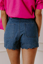 Dusk Blue Scalloped Hemline Acid Wash High Waist Denim Shorts
