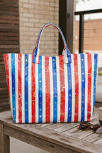 Sky Blue Patriotic Stars and Stripes Pattern Vinyl Glossy Tote Bag