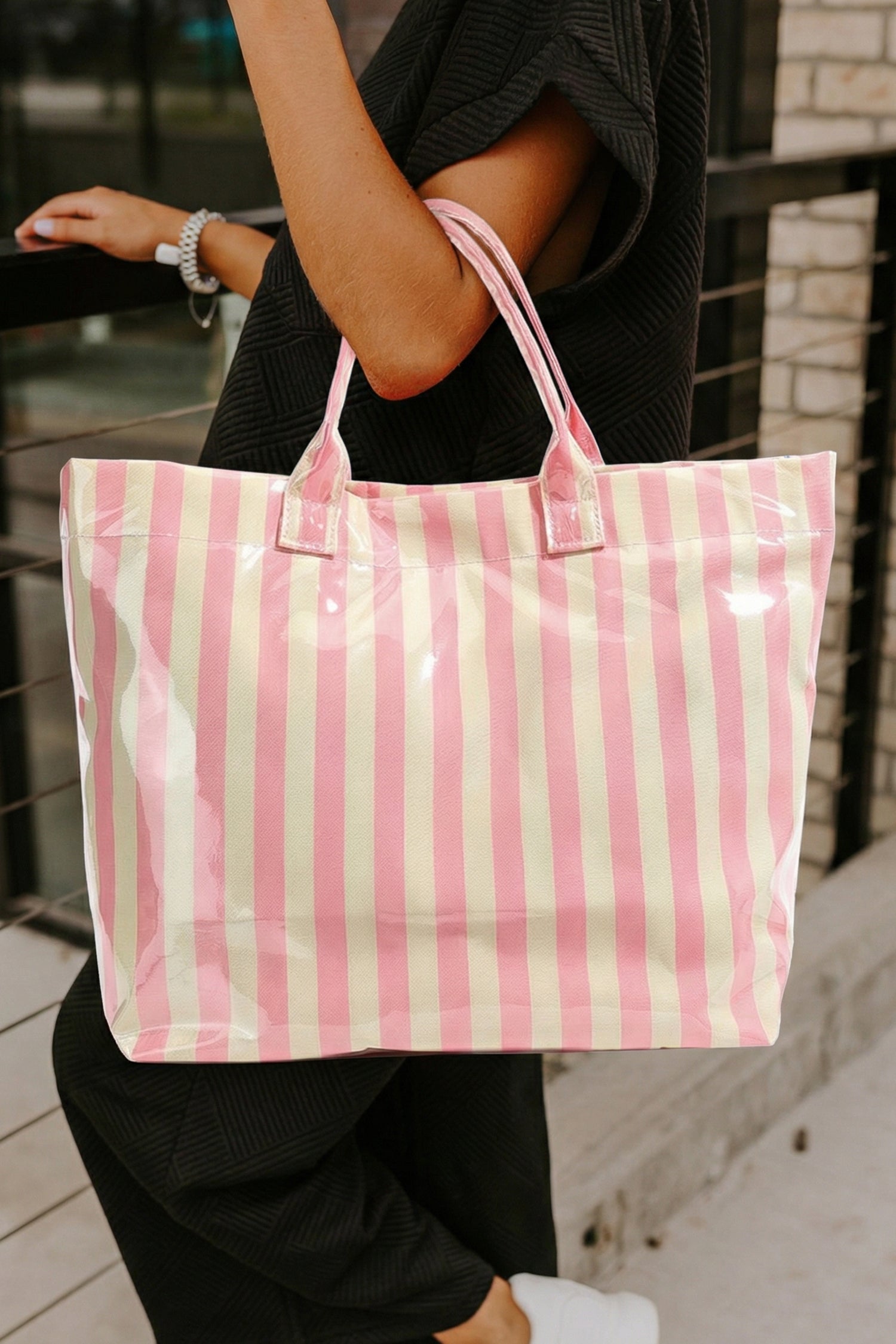 Blackish Green Glossy Striped Vinyl Large Tote Bag