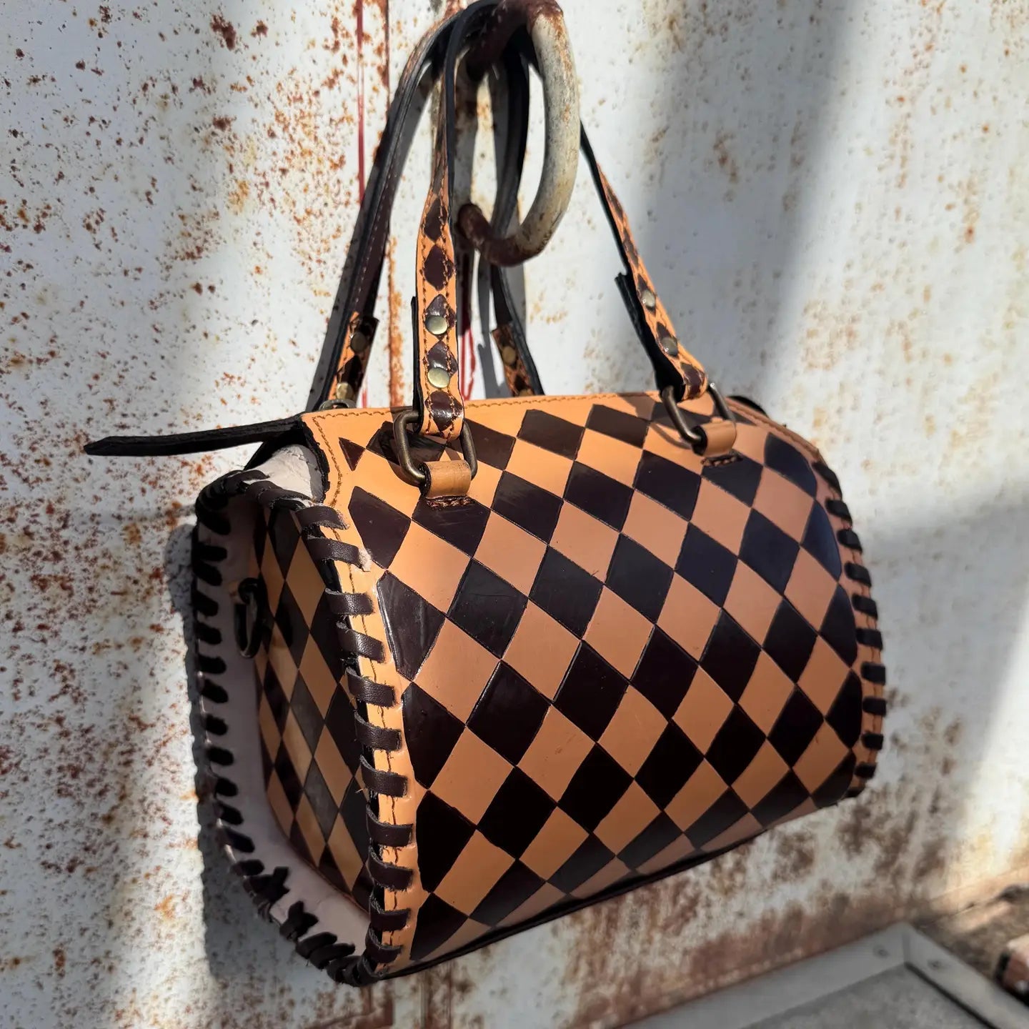 Caramel Espresso Checkered Speedy Western Genuine Leather Purse with Optional Wallet