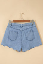 Myosotis Solid Color Scalloped Trim Casual Denim Shorts