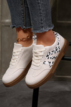 White Suede Leopard Color Block Trim Lace-up Casual Shoes