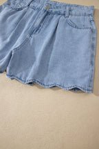 Myosotis Solid Color Scalloped Trim Casual Denim Shorts
