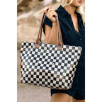 Checkered/ Camouflage Glossy Pu Leather Tote Bag