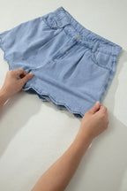 Myosotis Solid Color Scalloped Trim Casual Denim Shorts