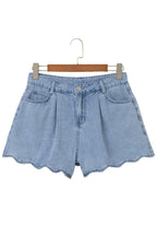 Myosotis Solid Color Scalloped Trim Casual Denim Shorts