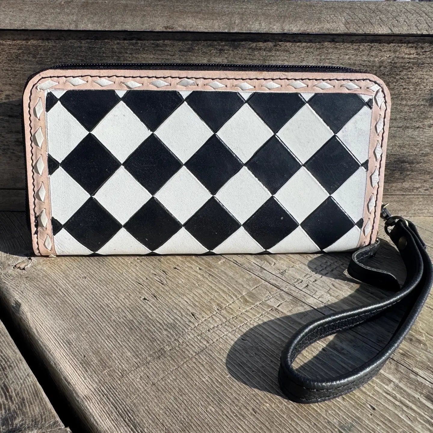 Black and White Speedy Checkered Genuine Western Cowhide Leather Purse