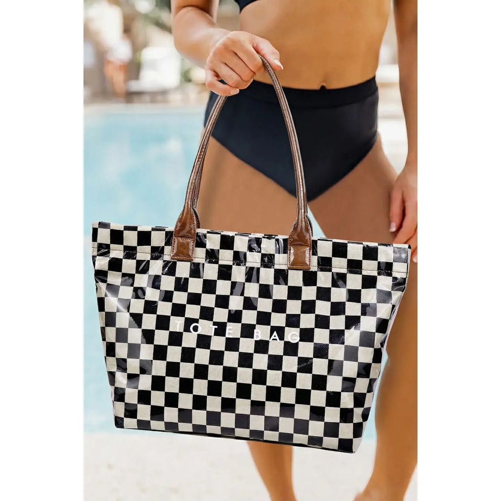 Checkered/ Camouflage Glossy Pu Leather Tote Bag