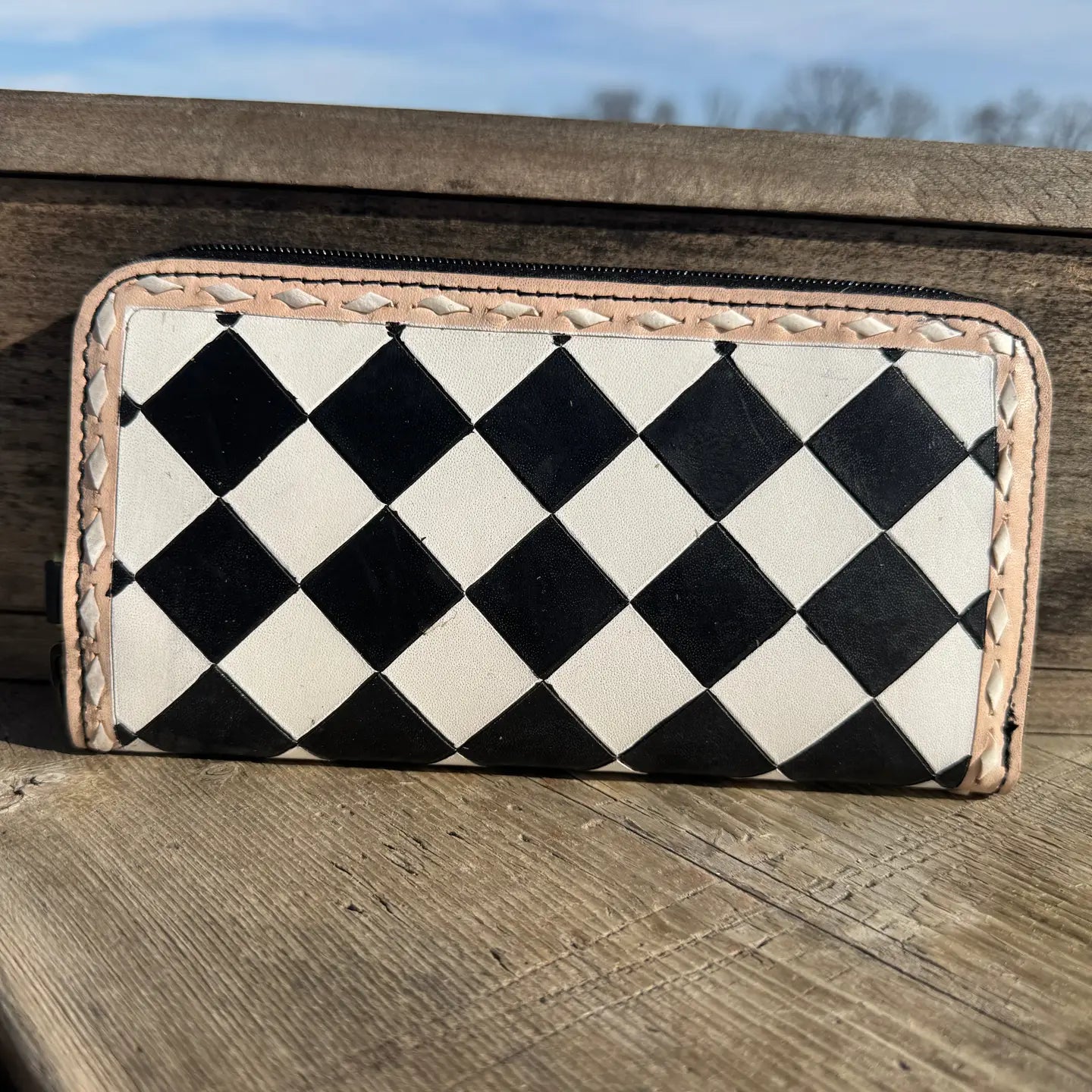 Black and White Speedy Checkered Genuine Western Cowhide Leather Purse