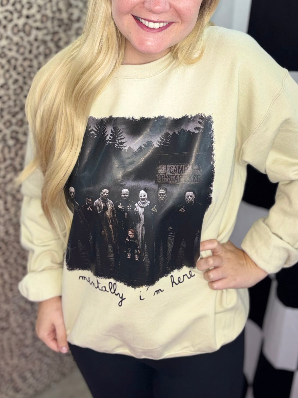 Mentally I’m here horror graphic crewneck sweatshirt