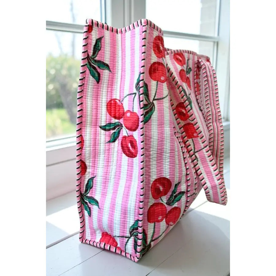 Eliza Pink Striped Cherry Tote Bag