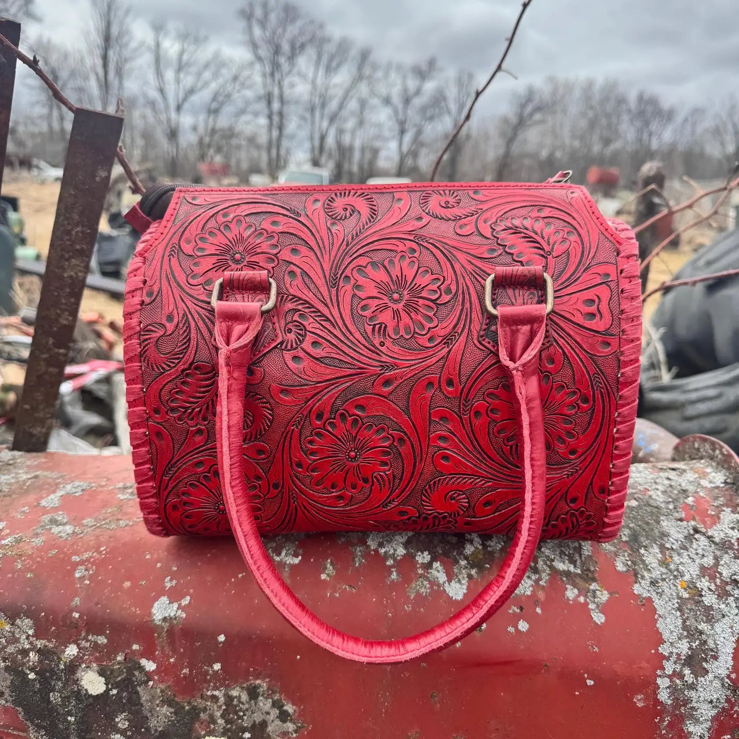 Deep Cherry Red Speedy Western Genuine Leather Barrel Bag Purse or Briefcase