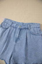 Myosotis Solid Color Scalloped Trim Casual Denim Shorts