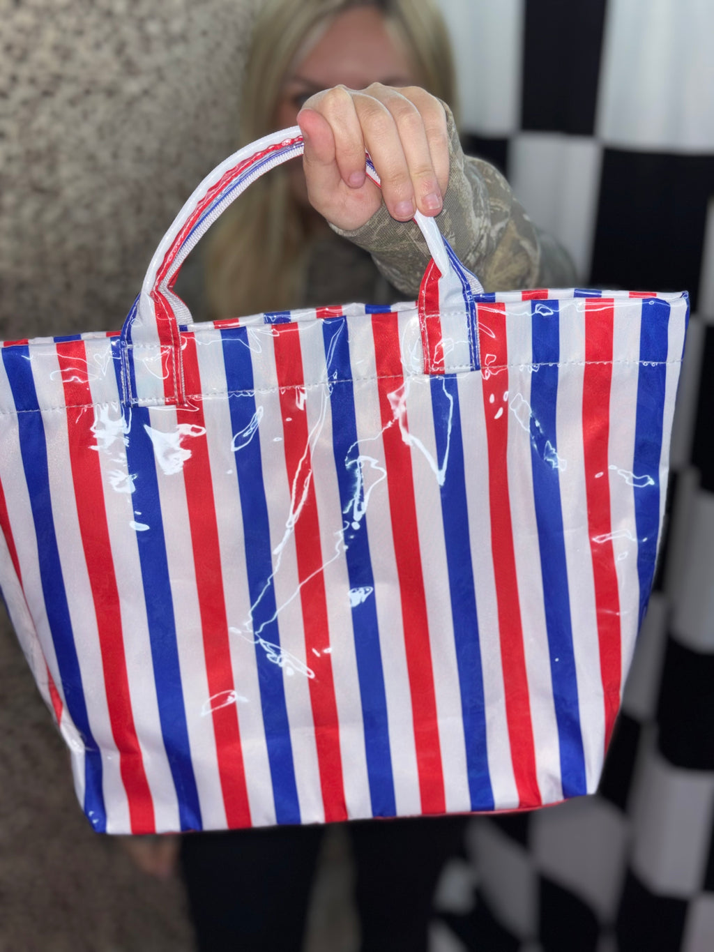 Red, White & blue PVC tote bag with handles