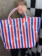 Red, White & blue PVC tote bag with handles