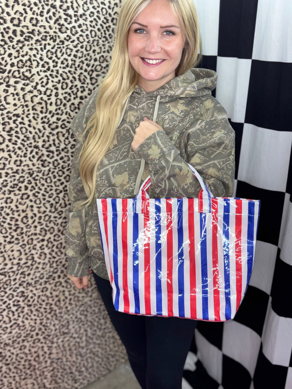 Red, White & blue PVC tote bag with handles