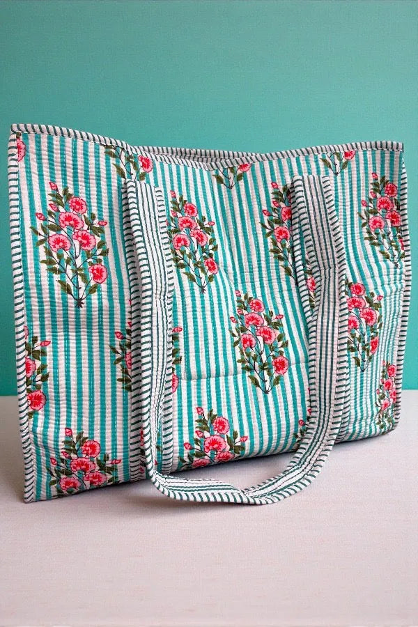 Cottage Garden Blue Striped Tote Bag