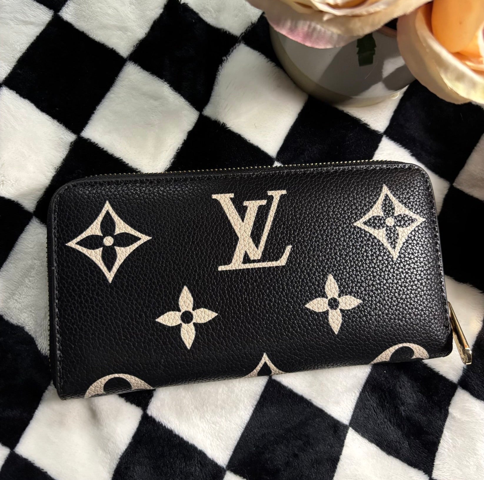 Black with	white monogram large LV wallet - replica