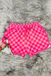 Pink Checkered Drawstring Elastic Waist Shorts