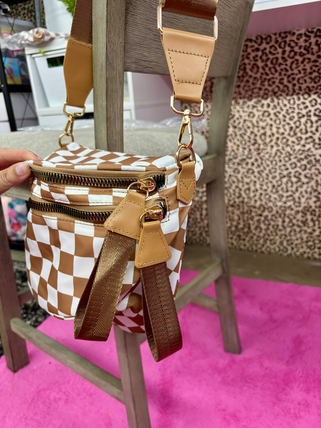 Brown checkered crossbody bum bag
