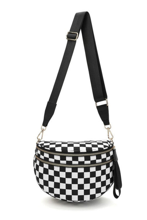 Checkered Print Wide Strap Large Crossbody Bag