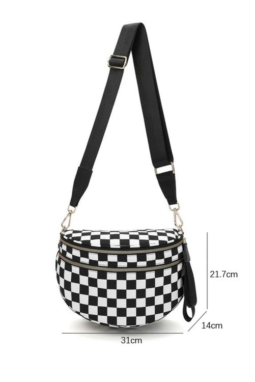 Checkered Print Wide Strap Large Crossbody Bag