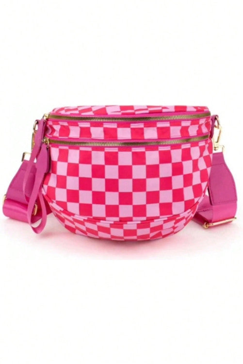 Checkered Print Wide Strap Large Crossbody Bag