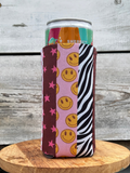 Tall/Skinny Can Koozie - striped leopard/pink smiley