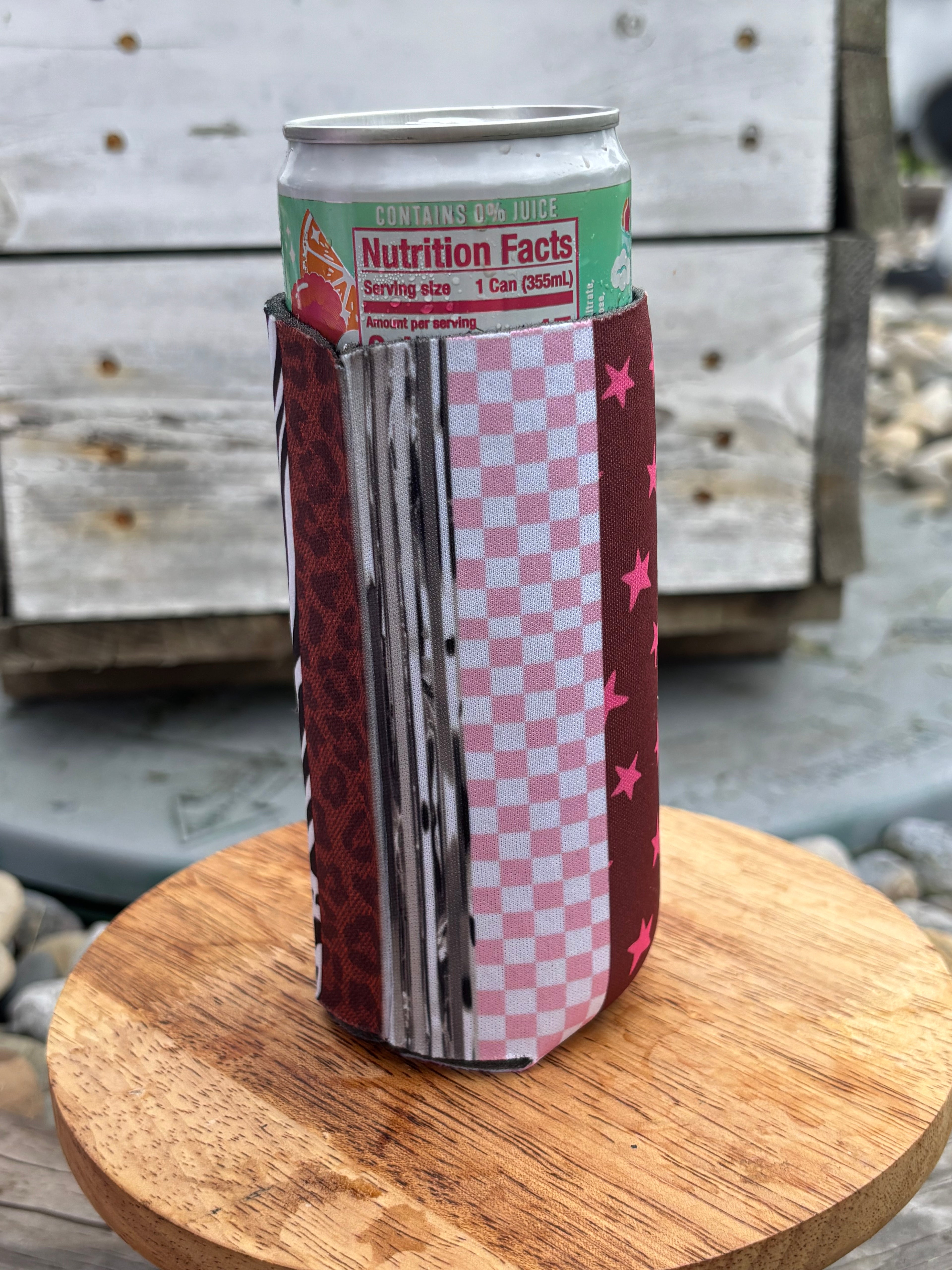 Tall/Skinny Can Koozie - striped leopard/pink smiley