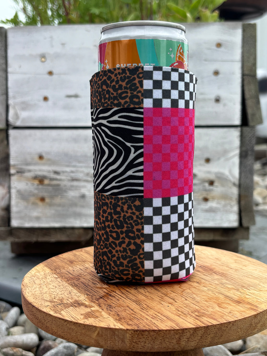 Tall/Skinny Can Koozie - Pink/Black Check and Animal print