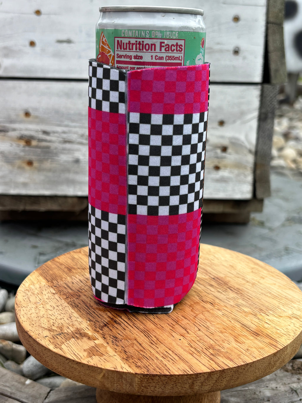 Tall/Skinny Can Koozie - Pink/Black Check and Animal print