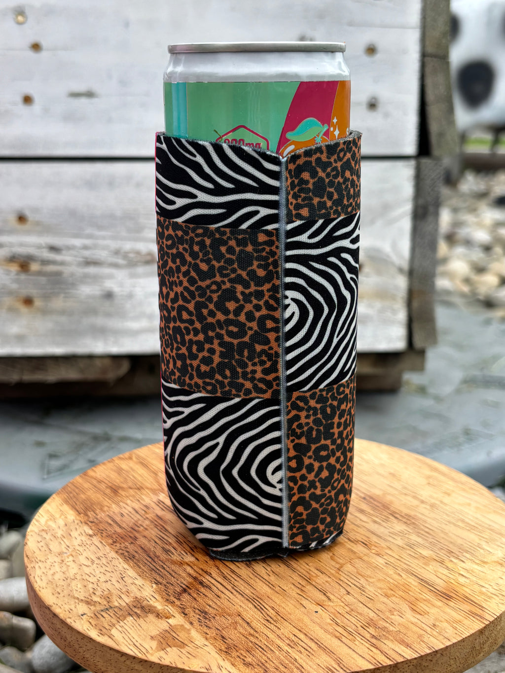 Tall/Skinny Can Koozie - Pink/Black Check and Animal print