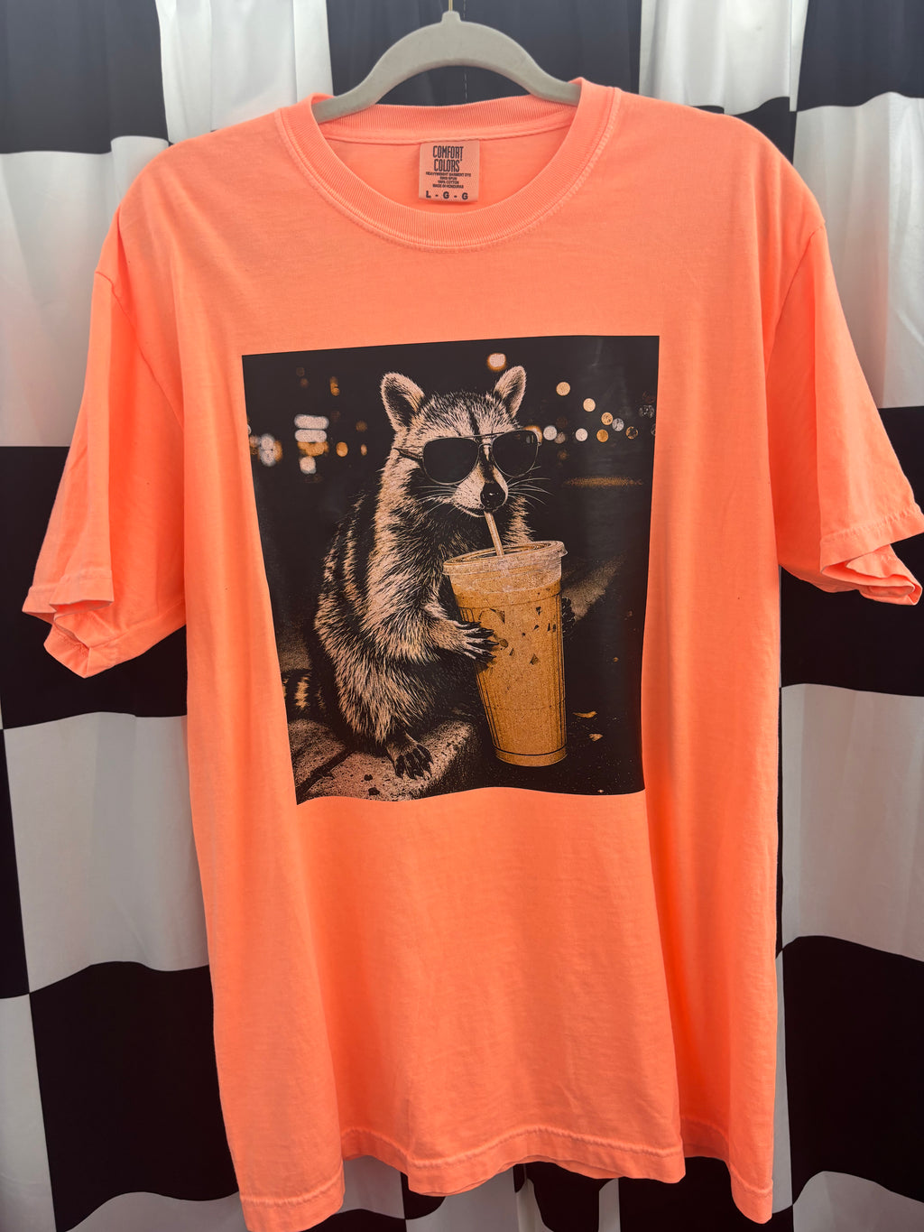 Iced coffee raccoon graphic tee