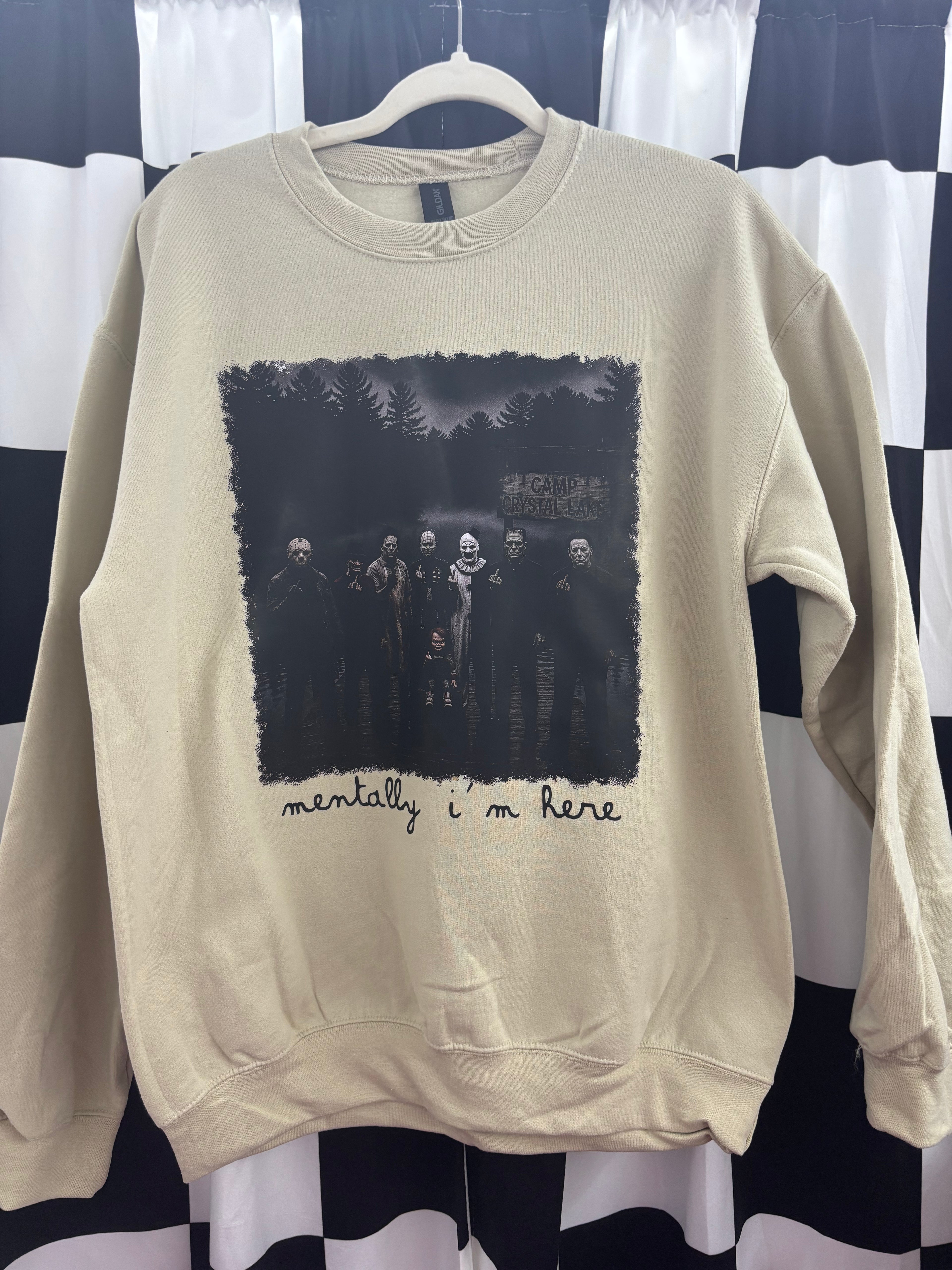 Mentally I’m here - horror graphic crewneck sweatshirt