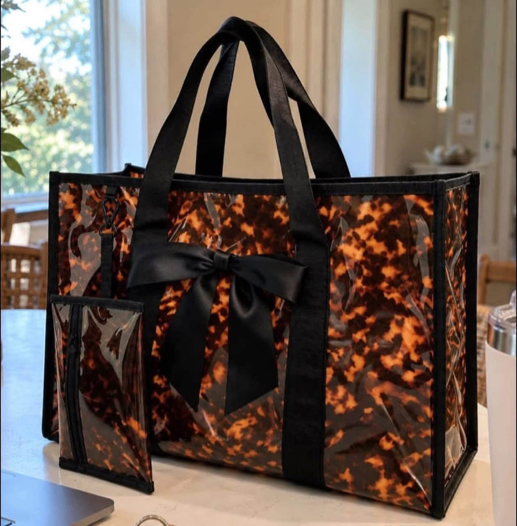 Tortoise printed tote bag with accessories