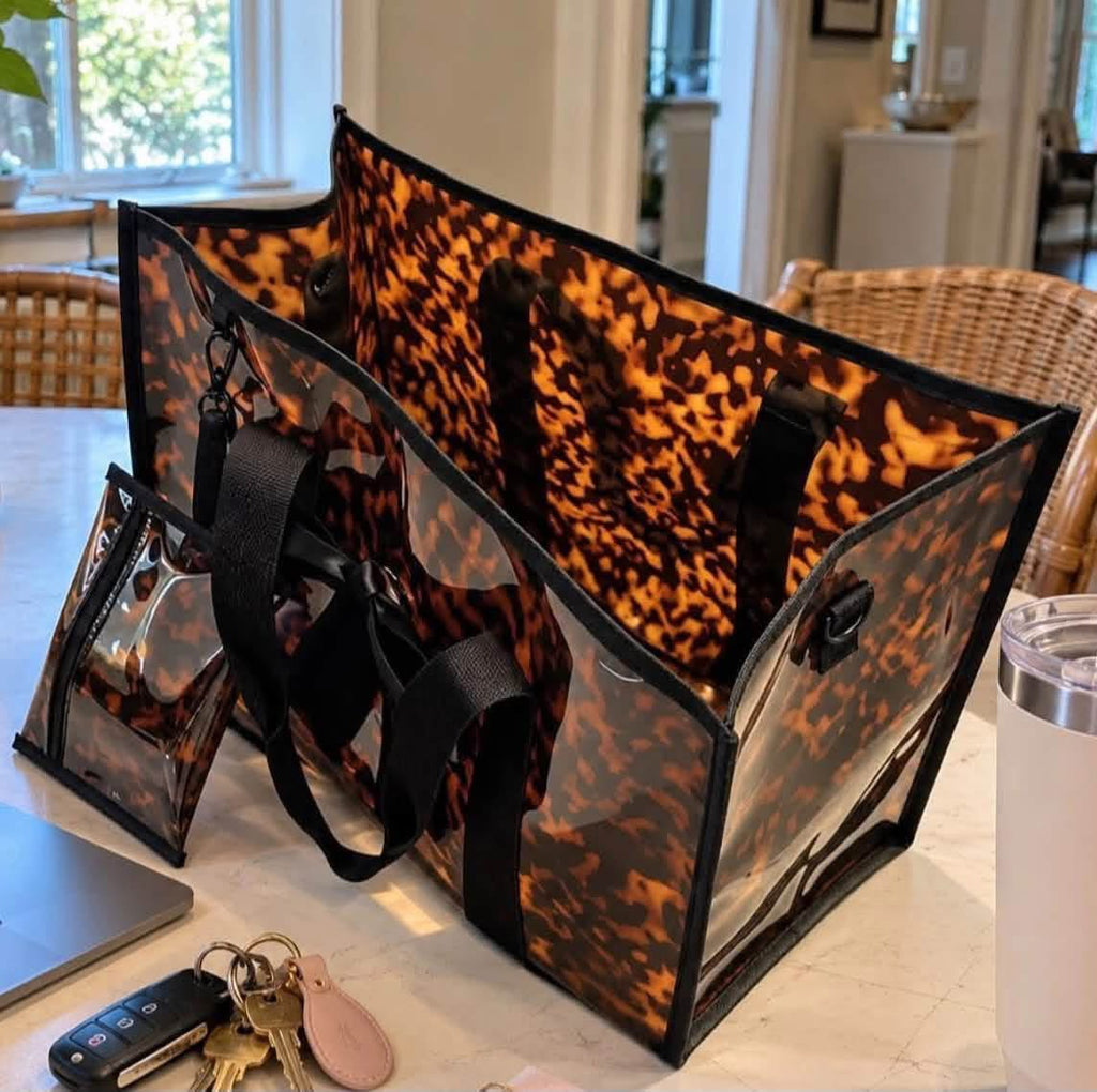 Tortoise printed tote bag with accessories