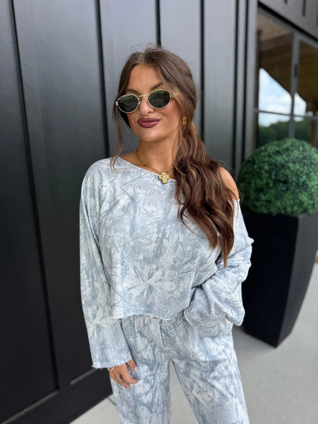 PREORDER Free Flow Off Shoulder Top in Silver Skies Camo