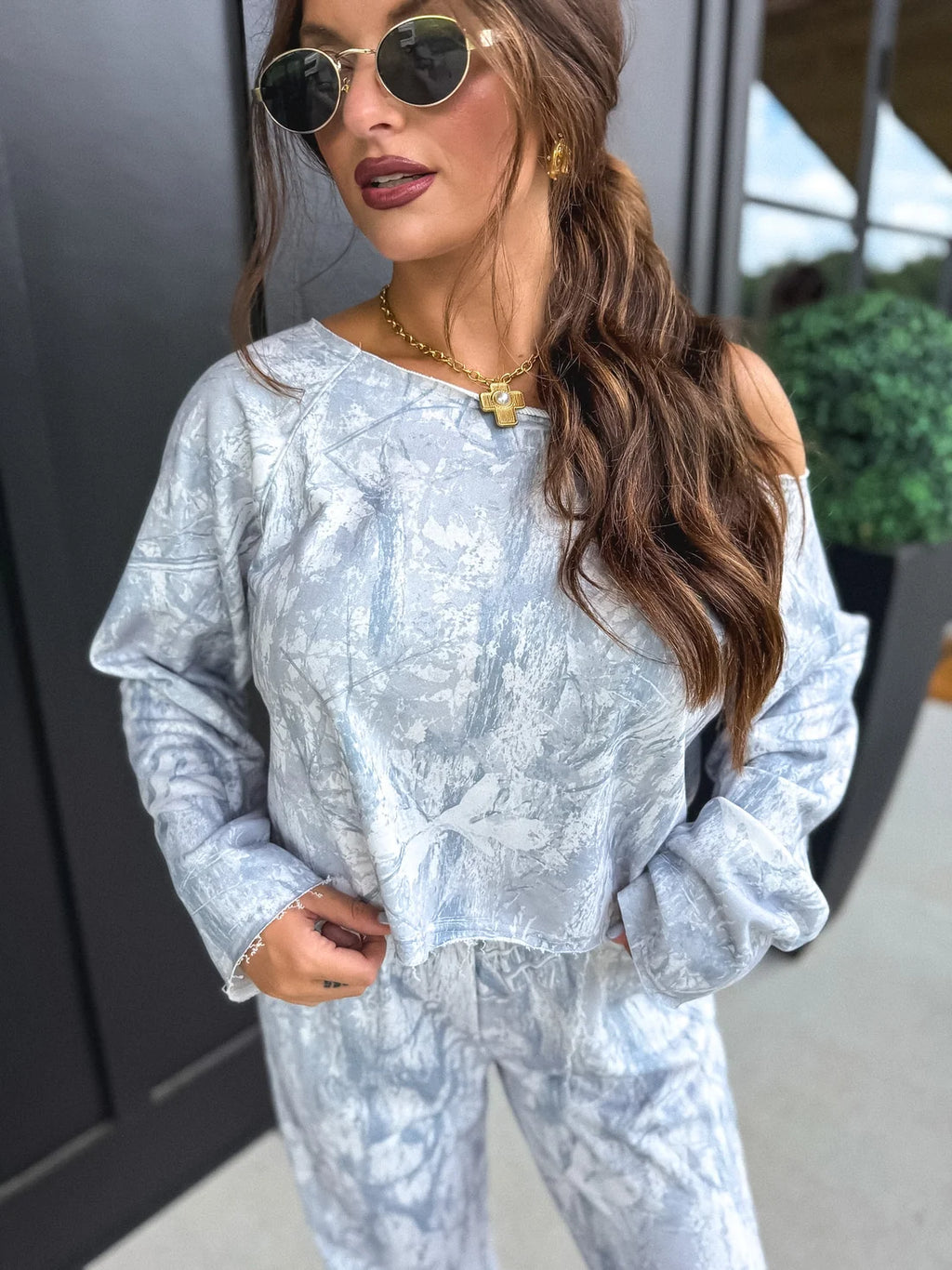 PREORDER Free Flow Off Shoulder Top in Silver Skies Camo