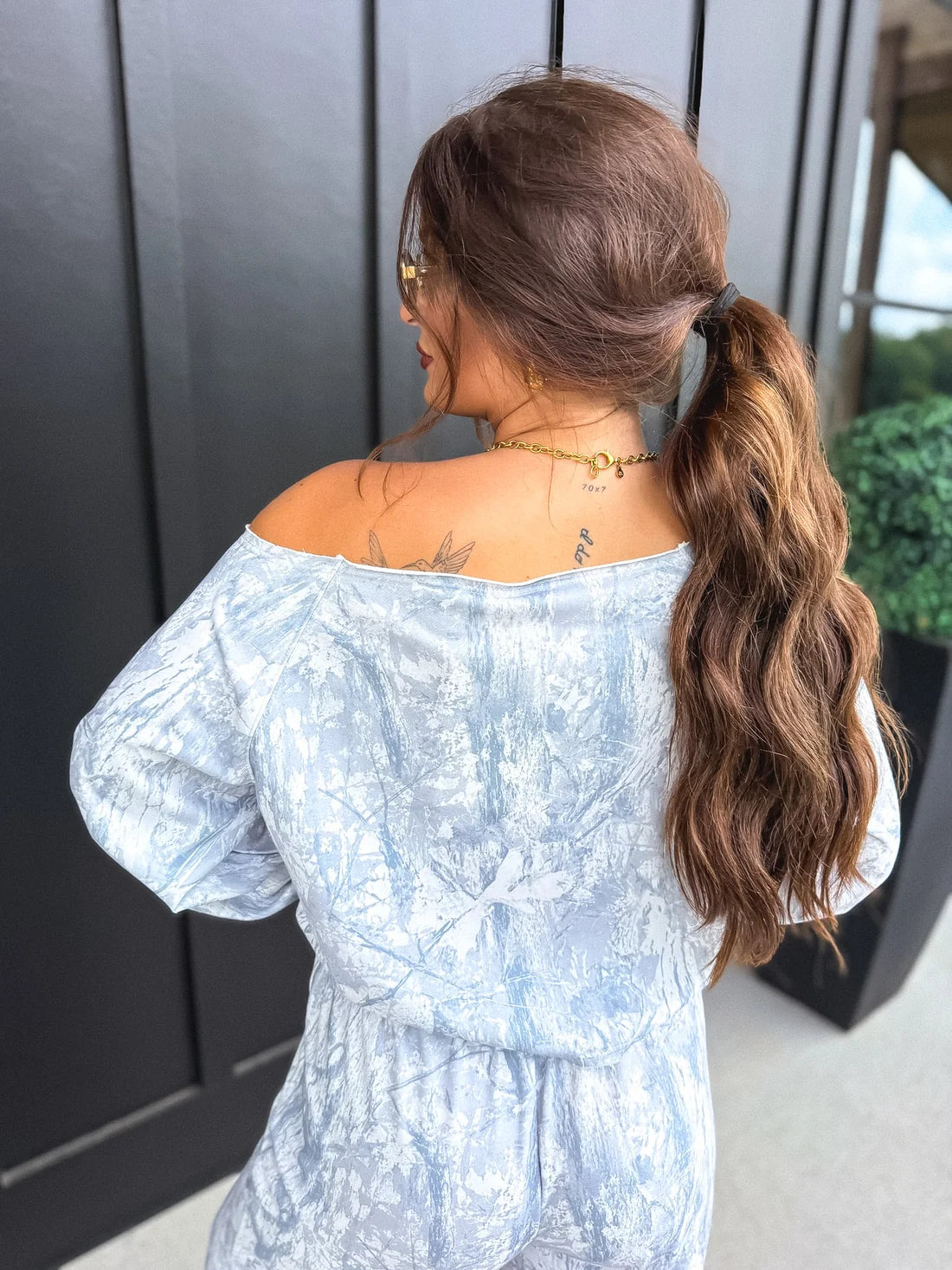 PREORDER Free Flow Off Shoulder Top in Silver Skies Camo