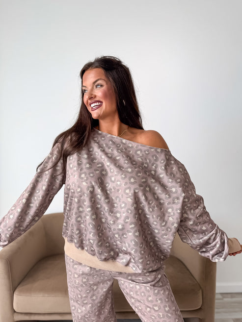 PREORDER Off Shoulder Slouchy Pullover in Toasted Toffee Leopard