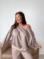 PREORDER Off Shoulder Slouchy Pullover in Toasted Toffee Leopard