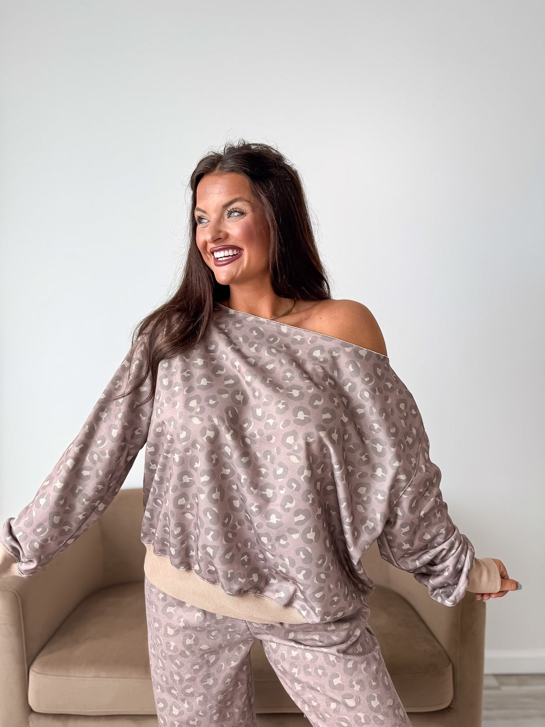 PREORDER Off Shoulder Slouchy Pullover in Toasted Toffee Leopard