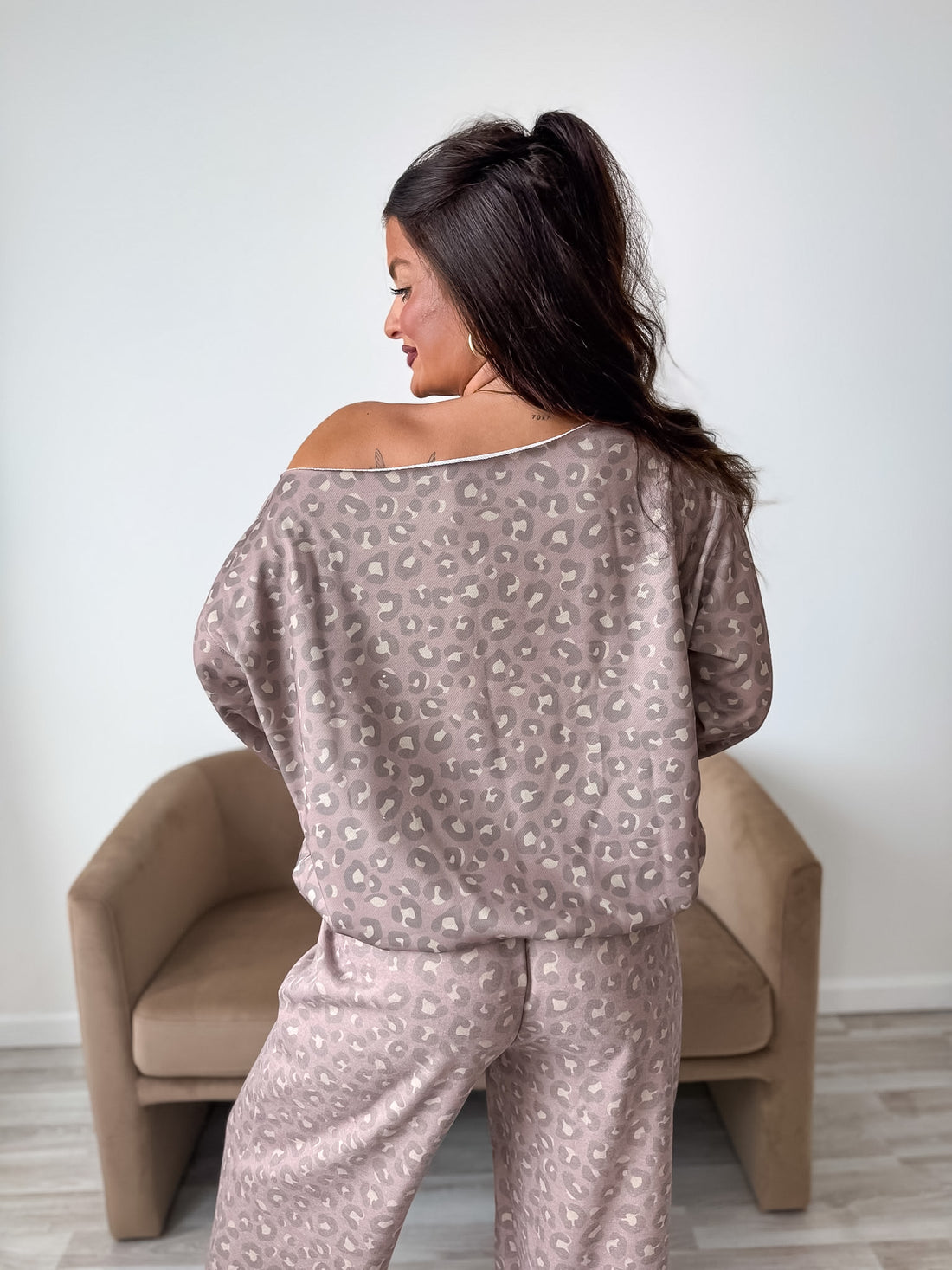 PREORDER Off Shoulder Slouchy Pullover in Toasted Toffee Leopard