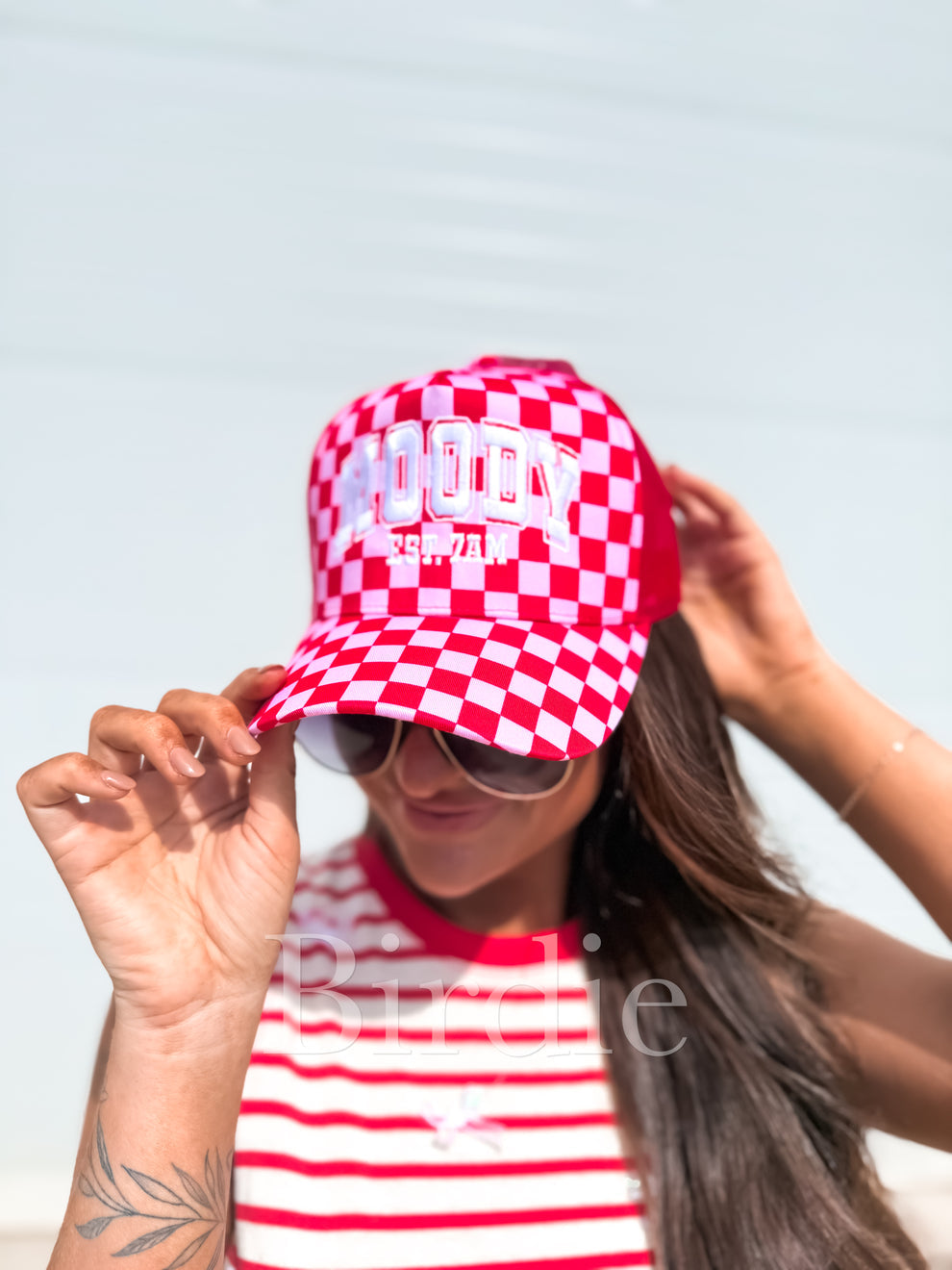 MOODY Embroidered on Pink Red Checkered Trucker Hat