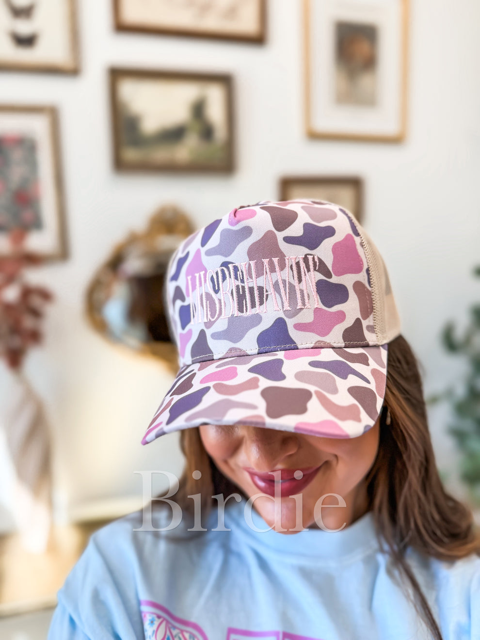 MISBEHAVIN Embroidered Trucker Hat Flirty Duck Camo