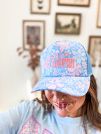 Raised on 90's Country Embroidered Bluebell Blush Trucker Hat