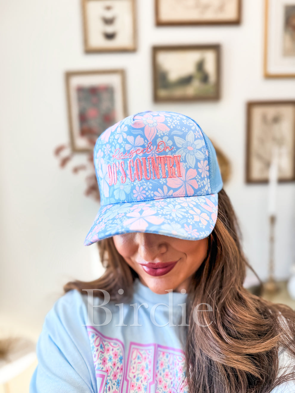 Raised on 90's Country Embroidered Bluebell Blush Trucker Hat